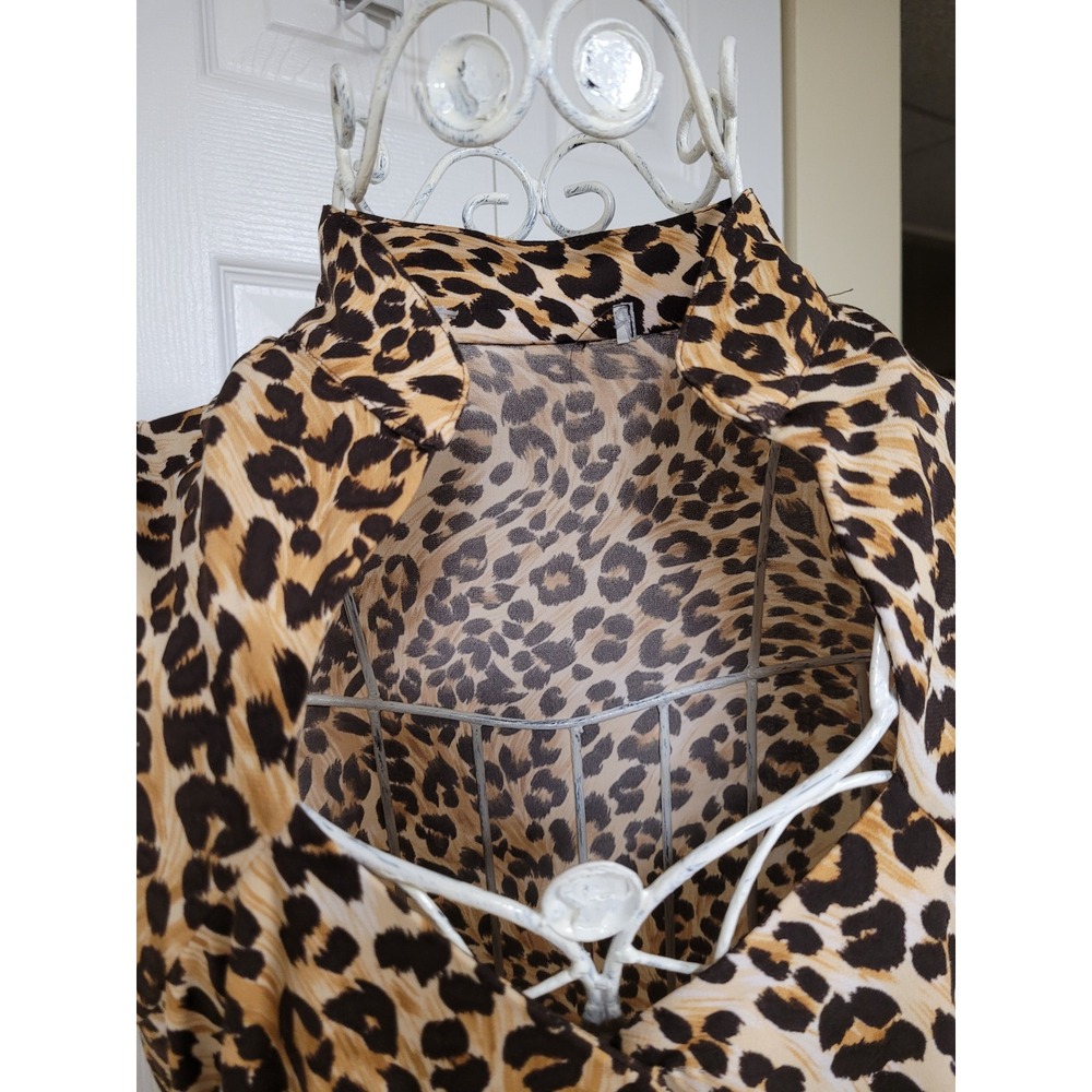 Leopard Print Keyhole Neck Puff Sleeve Belted A-Line Dress BOHO Brown/Tan Size M - Picture 2 of 6